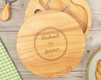 Personalised Cheese Board Set, Round Charcuterie Board, Wooden Cheeseboard with Tools, Personalized Gift for Couple, Wooden Anniversary Gift