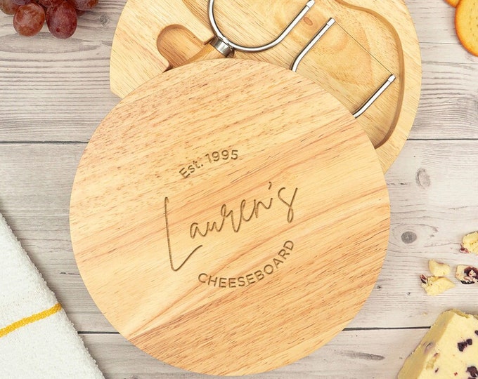 Personalised Cheese Board Set, Unique Birthday Gift for Him, Round Wooden Cheeseboard with Tools, Cheese Lovers Gift, Charcuterie Board