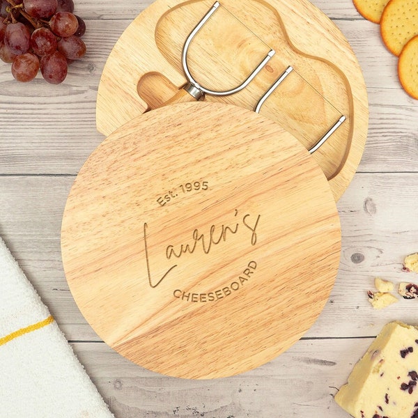 Personalised Cheese Board Set, Unique Birthday Gift for Him, Round Wooden Cheeseboard with Tools, Cheese Lovers Gift, Charcuterie Board