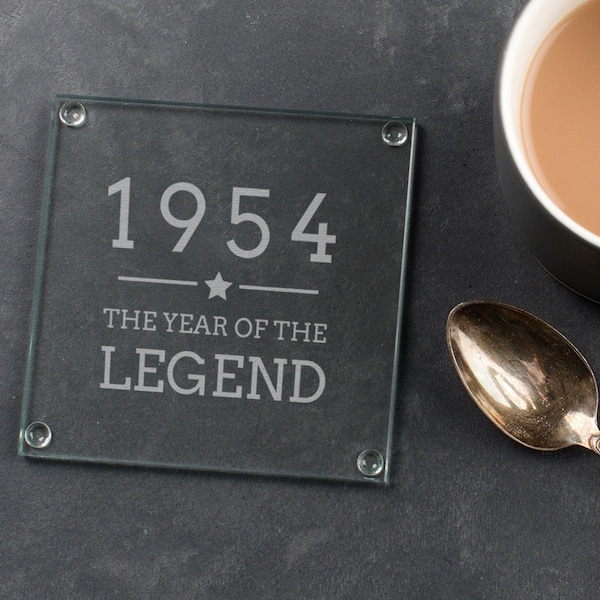 Engraved Glass Coaster -"1954 Year of The Legend" Design - 70th Birthday Gifts for Men Him - Glass Tablemat