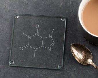 Caffeine Molecule Glass Coaster - Science Teacher Gift - Unique Coffee Lovers Gift - Funny Engraved Birthday Chemistry Present