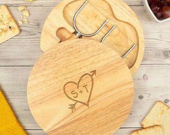 Engagement Gift For Couple, Personalised Cheese Board Set, Cutting Board With Carved Heart, Valentines Day Gifts