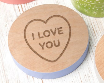 Wooden Drinks Coaster With Engraved Heart, I Love You Gifts for Him, Valentines Day Gift Girlfriend, Thick Cup Coaster, Round Drinks Coaster