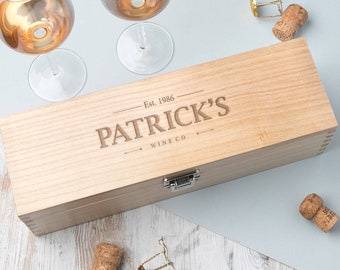 Personalised Wooden Wine Box - Personalized Whiskey Storage - Engraved Birthday Gifts For Him Men Wine Drinkers Lovers