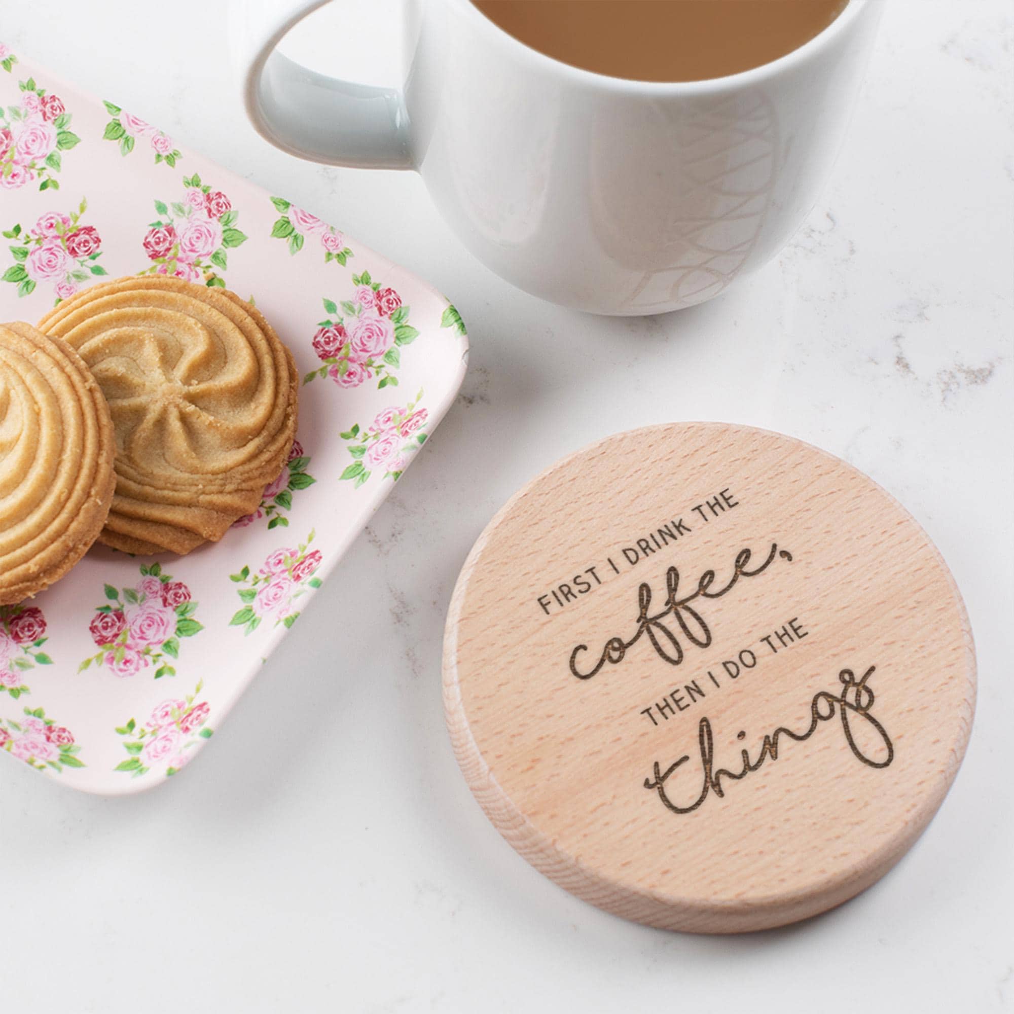 Engraved 'I Drink The Coffee Then I Do The Things' Wooden Coaster | Motivational Quote Gift For Coworker | Funny Desk Gift For Colleague