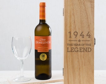 Engraved Wine Box -"1944 Year of The Legend" Design - 80th Birthday Gifts for Men Him - Wooden Bottle Gift Box (BOTTLE NOT INCLUDED)