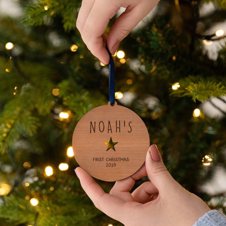 Personalised Baby's First Christmas Bauble Ornament - Personalized 1st Xmas Tree Decorations - Unique Engraved Wooden New Baby Parent Bauble 