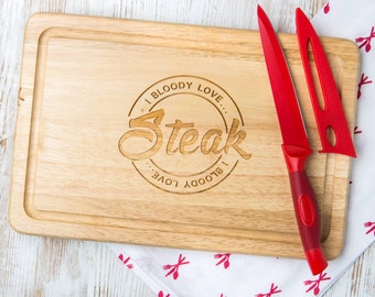 I Bloody Love Steak Serving / Chopping Board - Funny Gifts For Steak Lovers - Grilling Gifts For Men - Wooden Cutting Board For Him