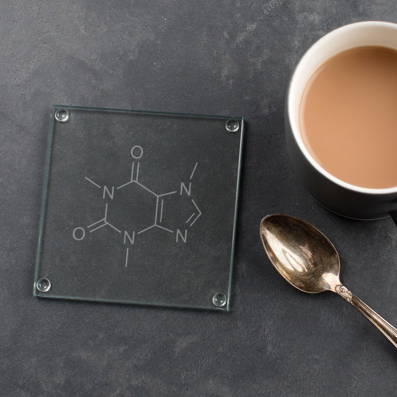 Unique Coffee Lovers Gift Caffeine Molecule Glass Coaster Funny Engraved Birthday Chemistry Present Science Teacher Gift
