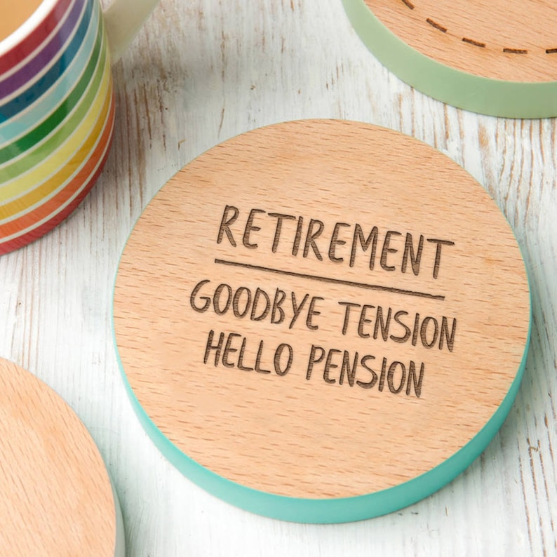 Personalized Retirement Gift Goodbye Tension Hello Pension Personalised Wooden Coaster For Men Women Engraved Wood Present image 1