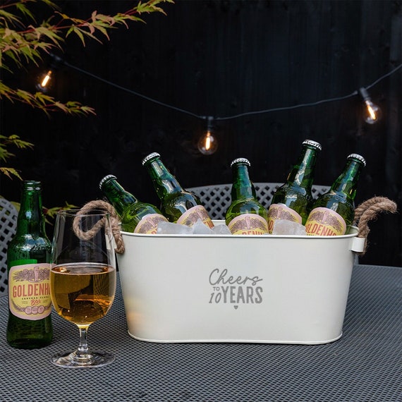 Cheers To 10 Years Metal Ice Bucket - 10 Year Anniversary Gift For Wife - Tin Anniversary Gift For Husband - Couples Gift - Wine Bucket