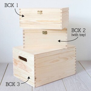 May include: Three wooden boxes stacked on top of each other. The top box is labeled "BOX 1", the middle box is labeled "BOX 2 (with tray)", and the bottom box is labeled "BOX 3".