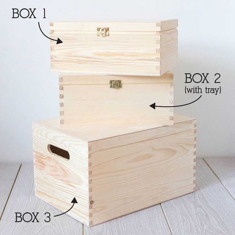 May include: Three wooden boxes stacked on top of each other. The top box is labeled "BOX 1", the middle box is labeled "BOX 2 (with tray)", and the bottom box is labeled "BOX 3".