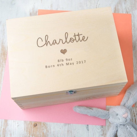 Personalised wooden baby keepsake box engraved with name and birth details by Dust and Things