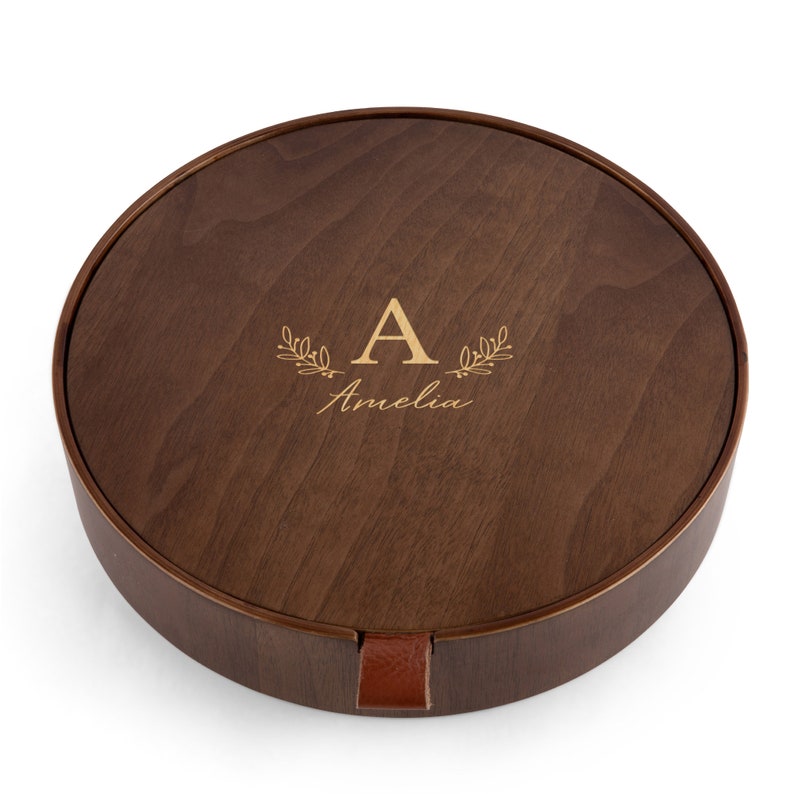 Personalised Jewelry Box, Birthday Gift for Her, Round Wooden Box with Engraving, Jewellery Box for Women, Jewelry Organizer, Gift for Wife Dark