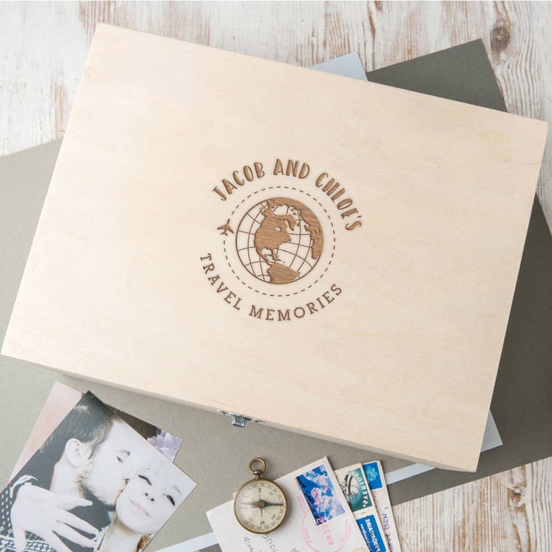 Travel Memory Box, Personalised Couples Gift, Travel Keepsake Box For Couples, Valentines Day Gifts For Him and Her, Engraved Wooden Box image 1