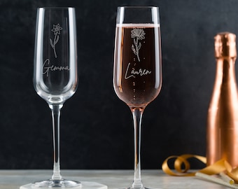 Personalised Birth Flower Champagne Flutes - Personalized Champagne Glass - Unique Birthday Gift for Her - Floral Champagne Flute