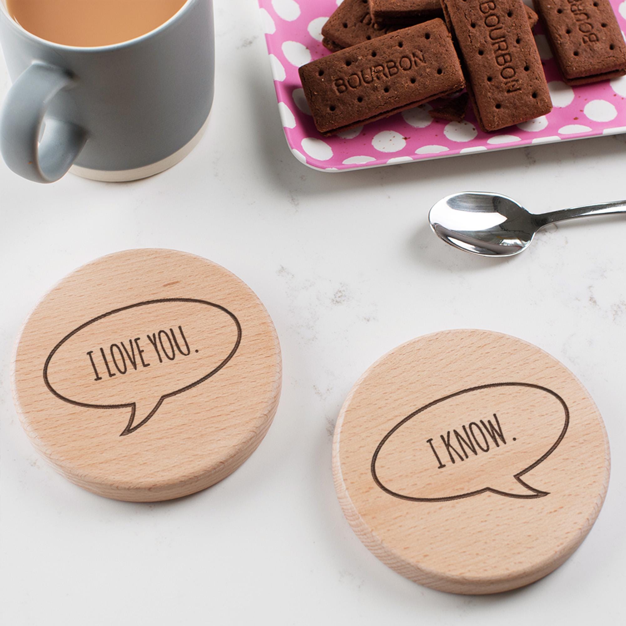 Engraved I Love You, I Know Coasters | Movie Lover Gift For Boyfriend Him | Couple Anniversary Gift | Sci Fi Movie Memorabilia | Wood, Slate