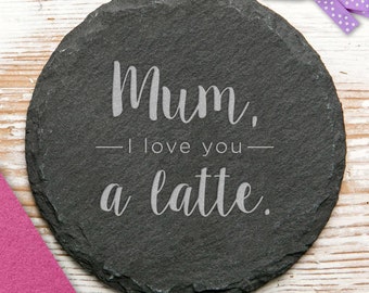 Posavasos de pizarra grabado 'Te amo un café con leche' para mamá, regalo divertido del Día de las Madres, regalo pequeño del Día de la Madre, posavasos para mamá