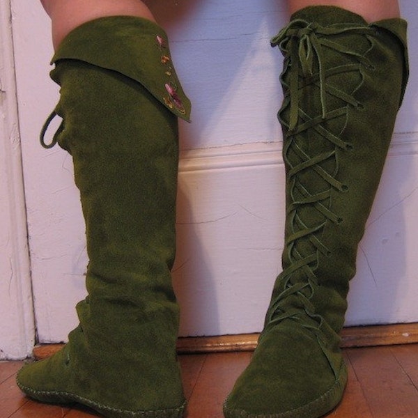 Fairy Princess ELF BOOTS pointy toe knee high moss green with flowers on back Order your size