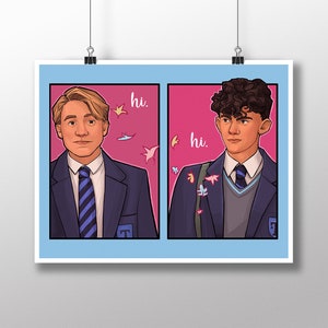 May include: Two young men in blue blazers with white shirts and ties. The man on the left has short blond hair and the man on the right has short brown hair. Both men are smiling and the word "hi" is written in pink letters on each side of the image.
