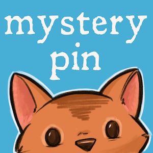 May include: A cartoon illustration of a cat's face peeking out from behind the text "mystery pin" on a blue background.