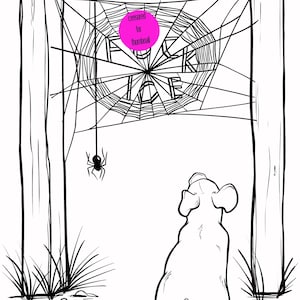 May include: Black and white illustration of a pig looking up at a spider web. The web has the words "FUCK" and "ICE" in it. A spider hangs from the web. The pig is in the foreground.