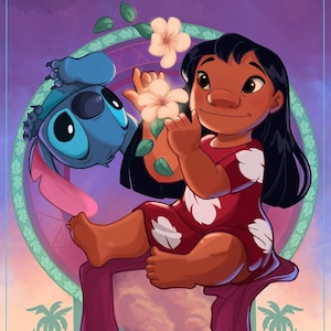 Może przedstawiać: Kreskówkowa ilustracja Lilo z Lilo & Stitch, ubrana w czerwoną i białą sukienkę, trzymająca biały kwiat. Stitch, niebieski kosmita, siedzi na różowo-zielonym okrągłym ramie za Lilo.