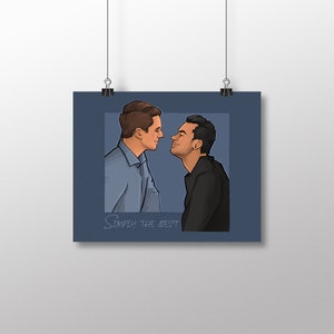 May include: A rectangular art print featuring a digital illustration of two individuals facing each other in profile. One wears a light blue collared shirt, the other a black top. The text "SIMPLY THE BEST" is printed in white at the bottom left.