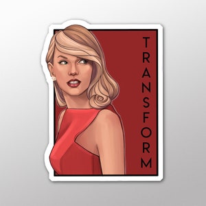 May include: A woman with blonde hair and red lipstick is wearing a red dress. The word "TRANSFORM" is written vertically in black letters on a red background.