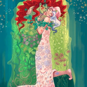 Puede incluir: Ilustración de dos figuras abrazándose, una con cabello rojo y piel verde, la otra con cabello blanco y azul, rodeadas de follaje verde y un fondo estrellado. La figura de la derecha lleva un vestido con un patrón de círculos y cuadrados, con la palabra "HA!" repetida.