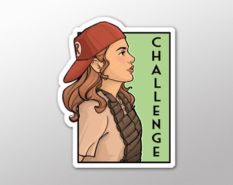 May include: A sticker featuring a cartoon illustration of a woman wearing a red baseball cap with a white letter "R" on it. She is wearing a brown shirt and a brown scarf. The background is green with the word "CHALLENGE" written vertically in black.