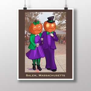 Peut inclure: Une illustration numérique de deux personnes habillées en citrouilles. Les personnes portent des vêtements violets et verts et marchent dans une rue. Le texte "SALEM, MASSACHUSETTS" est en bas de l'image.