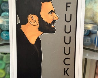 May include: A rectangular sticker featuring a profile illustration of a bearded person with dark hair wearing a black shirt, set against a grey background with the vertical text FUCCUCK printed in black capital letters on the right side.