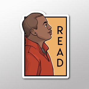 May include: A sticker featuring a cartoon illustration of a person with brown skin wearing a red shirt. The background is orange with the word "READ" in black letters.