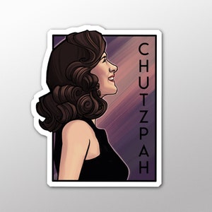 May include: A woman with brown curly hair is smiling and looking to the right. She is wearing a black sleeveless dress. The background is a blurred image of a sunset with the word "CHUTZPAH" written vertically in black.