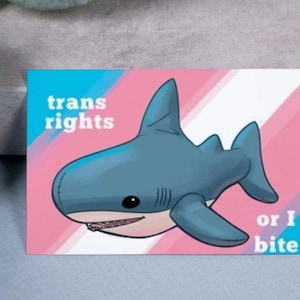 May include: A rectangular sticker featuring a cartoon shark in shades of blue, set against a pink, white, and blue background. The text "trans rights or I bite" is displayed on the sticker. The sticker's design is simple and bold.