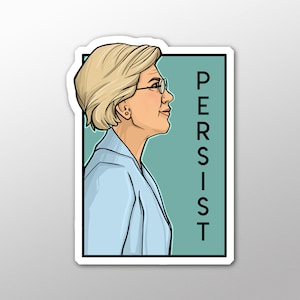 以下が含まれることがあります： 金髪で眼鏡をかけ、青いシャツを着た女性の漫画イラストが描かれたステッカー。背景は緑がかった青で、黒い文字で「PERSIST」と縦書きされている。