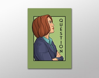 Puede incluir: Una ilustración digital de una mujer con cabello castaño, vistiendo una chaqueta de traje azul y una camisa azul claro. La mujer mira hacia la derecha y la palabra "PREGUNTA" está escrita verticalmente en texto negro en el lado derecho de la imagen.