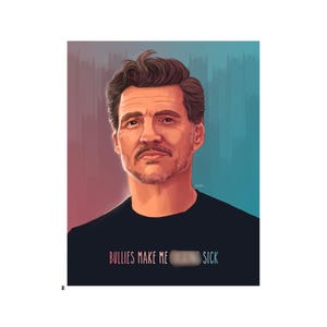 May include: Digital portrait of a man with brown hair and a mustache, wearing a black shirt. The shirt has the text "Bullies Make Me Sick" printed on it. The background is a gradient of blue and red.