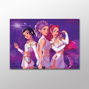 May include: Illustration of three women in white and light purple outfits, posing on a stage with a purple background. The women have different hairstyles, including purple, red, and black. One woman holds a microphone.