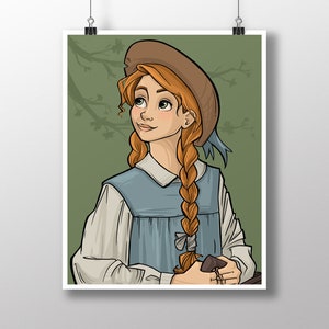 May include: A young woman with long, braided red hair wears a blue dress and a brown hat with a blue ribbon. She is looking up and smiling.