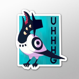 Może przedstawiać: Naklejka przedstawiająca stylizowane stworzenie przypominające ptaka z czarną głową, dziobem i kapeluszem oraz białym korpusem z czarno-białym okrągłym wzorem. Tło jest turkusowe z czarnym napisem "UHHHG".