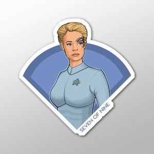 May include: A sticker featuring a cartoon illustration of Seven of Nine from Star Trek Voyager. She is wearing a blue uniform with a Starfleet insignia and has a Borg implant over her right eye. The sticker is shaped like a diamond and has the text "Seven of Nine" at the bottom.