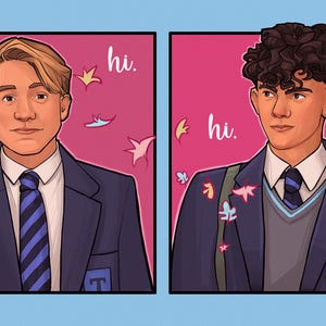 May include: A digital illustration featuring two panels against a pink background with floating leaves. Each panel shows a person in a navy blue school blazer, white shirt, and striped tie. The word hi. is written in white script in both panels.