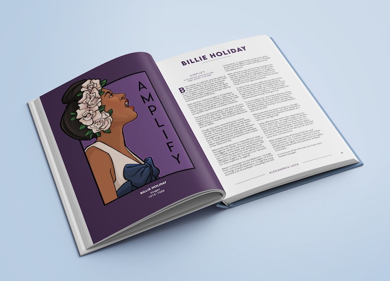 May include: An open book with a purple cover featuring a colorful illustration of Billie Holiday, a singer. The book title is "Amplify" and the text "Billie Holiday, Singer 1915-1959" is at the bottom of the page. The right page of the book is white with the text "Billie Holiday" in black at the top of the page.