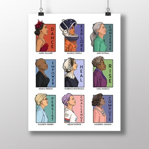 Puede incluir: Un póster colorido con nueve mujeres de perfil, cada una con una palabra que describe sus logros. Las palabras son "Dance", "Explore", "Conserve", "Rise", "Heal", "Empower", "Compute", "Challenge" y "Persist".