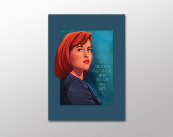 Puede incluir: Una ilustración digital de una mujer con cabello rojo mirando hacia la derecha. El fondo es un degradado azul. El texto "The truth is out there. But so are the lies." está en blanco.