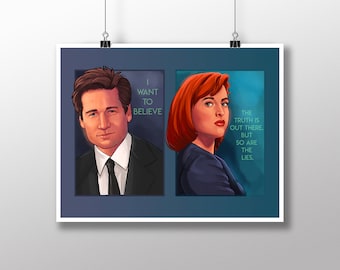 Puede incluir: Una ilustración digital de dos personajes de la serie de televisión The X-Files. Los personajes están uno al lado del otro. El personaje de la izquierda es un hombre con cabello castaño y un traje oscuro. El personaje de la derecha es una mujer con cabello rojo y una chaqueta oscura. El texto "Quiero creer" está al lado del hombre y el texto "La verdad está ahí fuera. Pero también las mentiras." está al lado de la mujer.