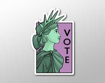 May include: A sticker featuring a green illustration of the Statue of Liberty with a purple background and the word "VOTE" in black text.